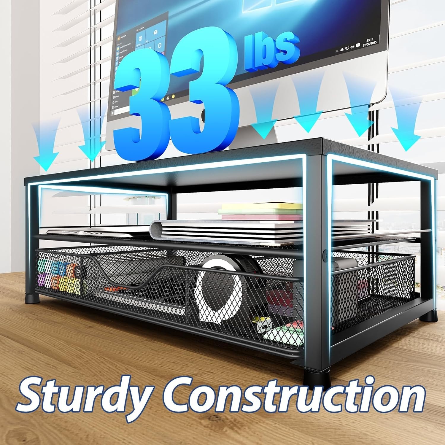 Ergonomic 2-Tier Desk Organizer in Black – Stylish Monitor Stand with Storage