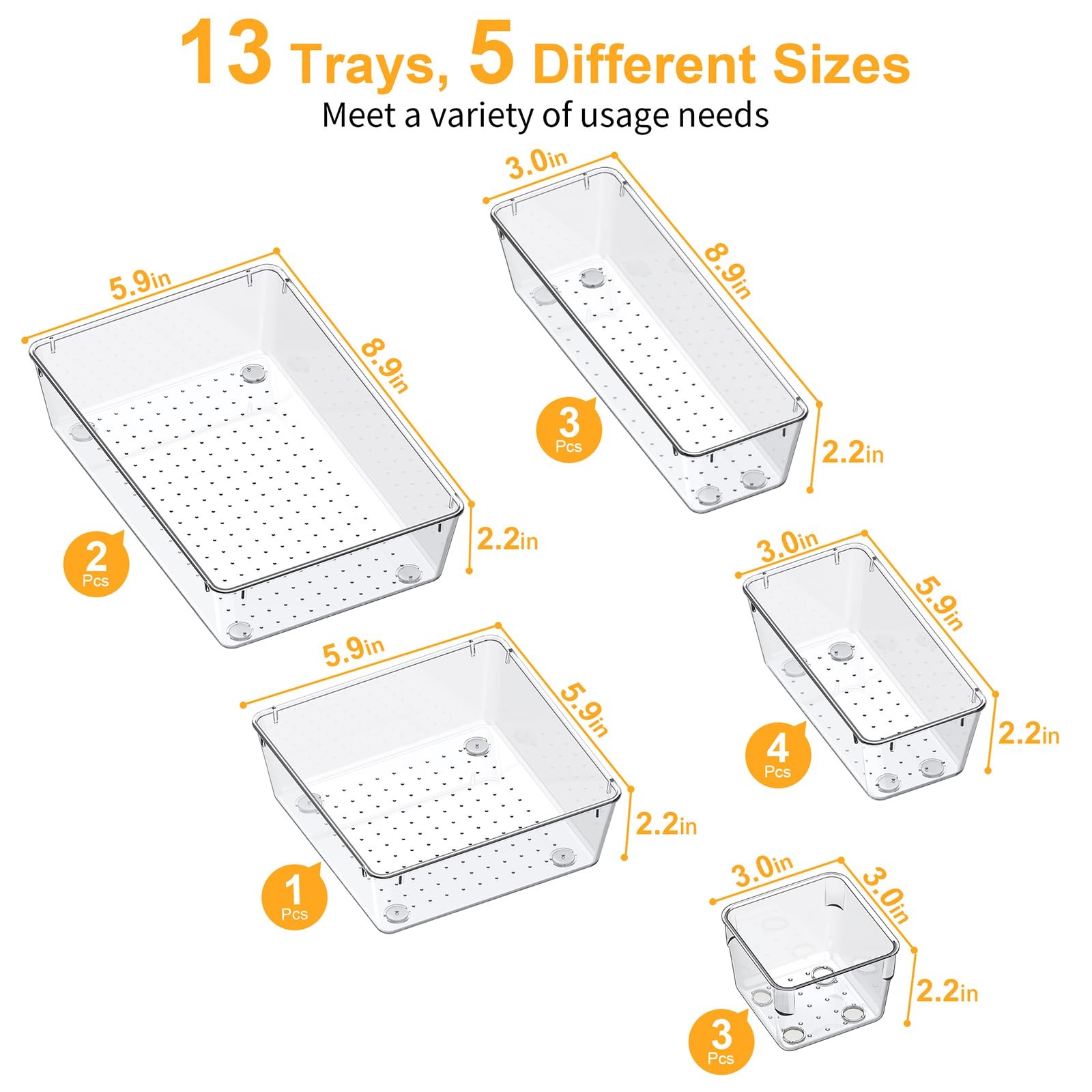 SMARTAKE 13-Piece Drawer Organizers with Non-Slip Silicone 13 PCS, Clear