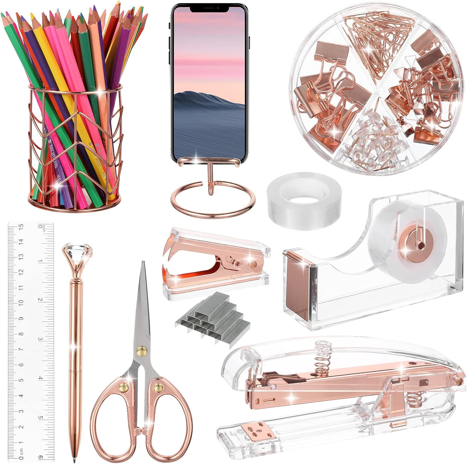 Rose Gold Desk Accessories Cute Office Supplies Set Acrylic Stapler Pen Holder