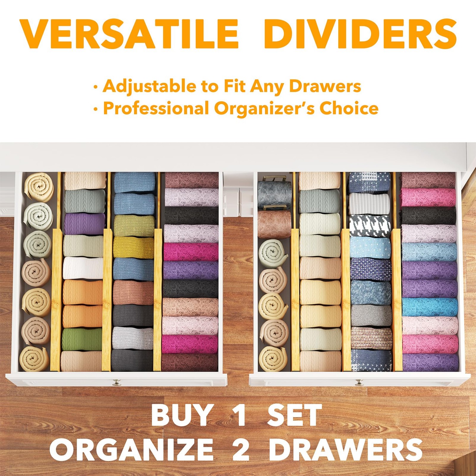 SpaceAid Bamboo Dresser Drawer Dividers 6 4.65”H, 12.5”-17”L, NATURAL