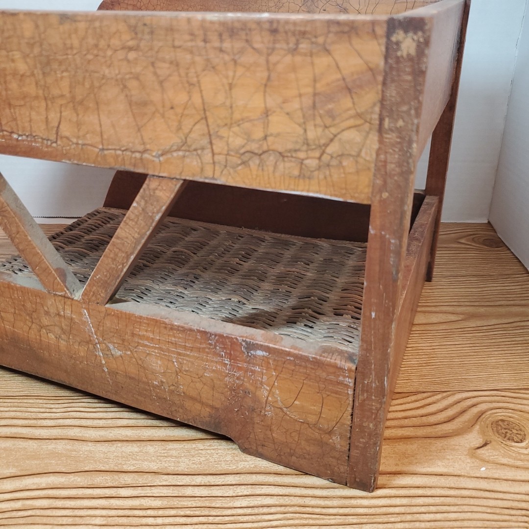 VTG 2 Tier Wood Rattan Wicker Paper Holder Letter Tray Office Desk Organizer