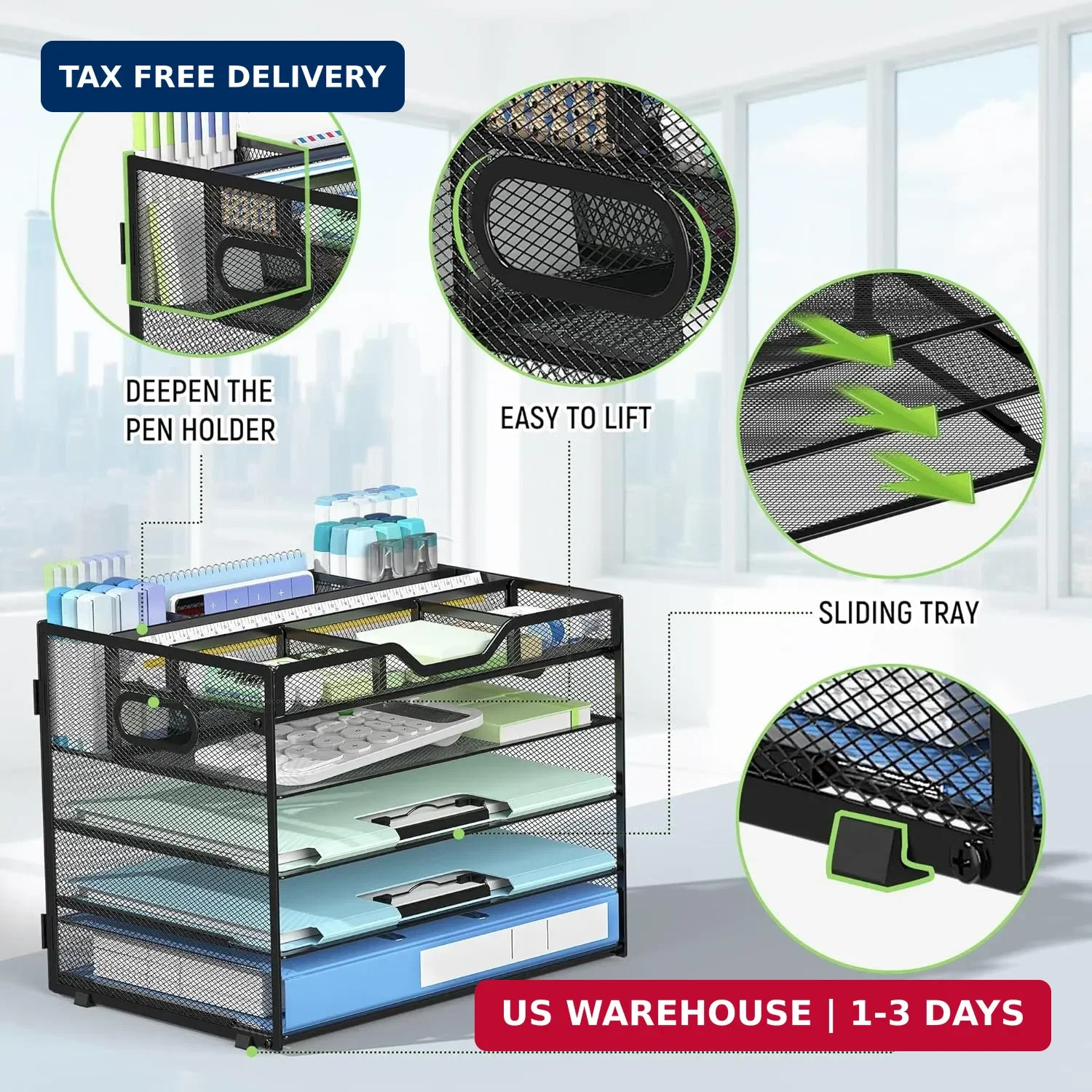 Docnest 5 Tier Mesh Desk Organizer with Adjustable Compartments – Stackable Lett