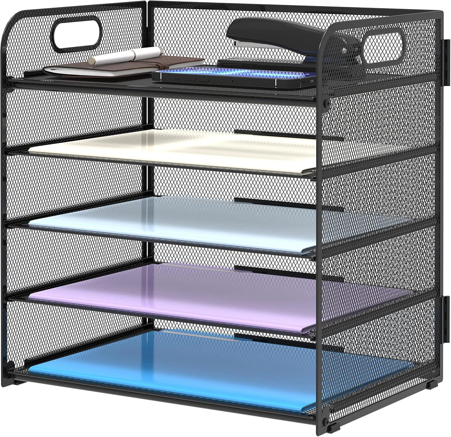 Supeasy 5 Trays Paper Organizer Letter Tray with Handle-Mesh Desk File Holders,