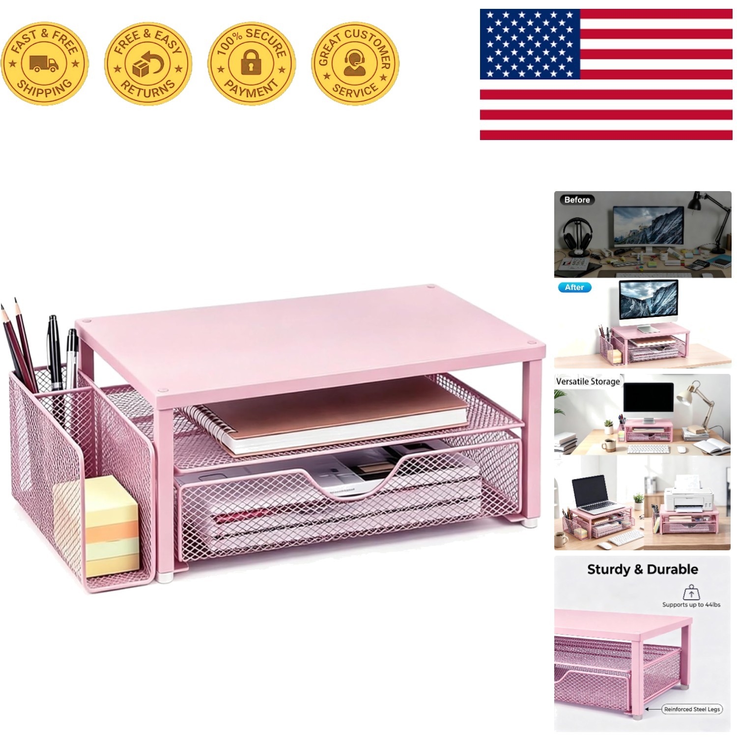 Ergonomic Monitor Stand Riser in Pink with Drawer & Ample Storage for Office