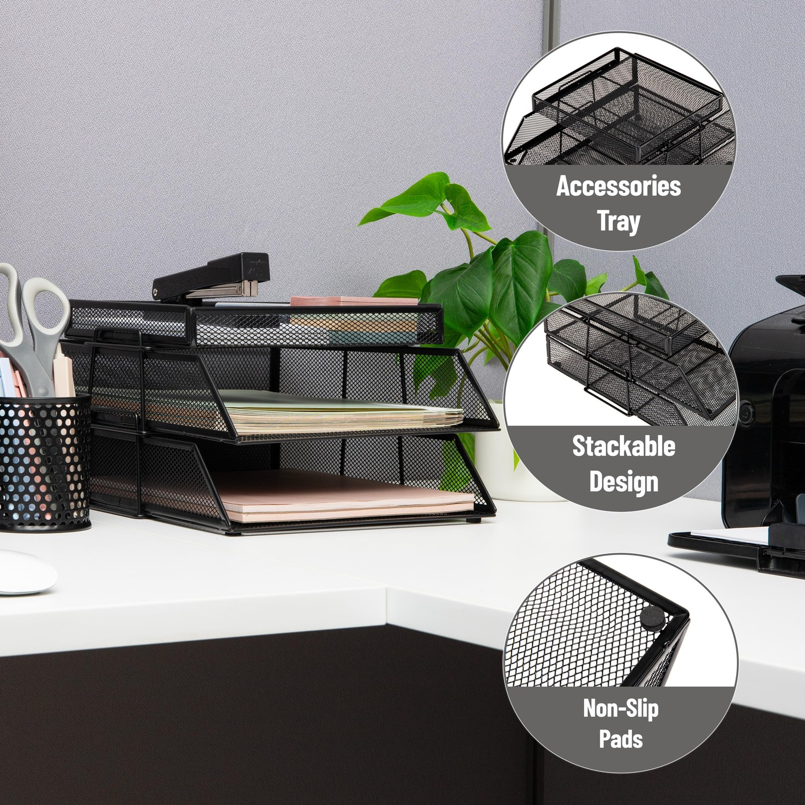 2 Tier Paper Tray Top Supply Compartment Desktop File Organizer Metal Black