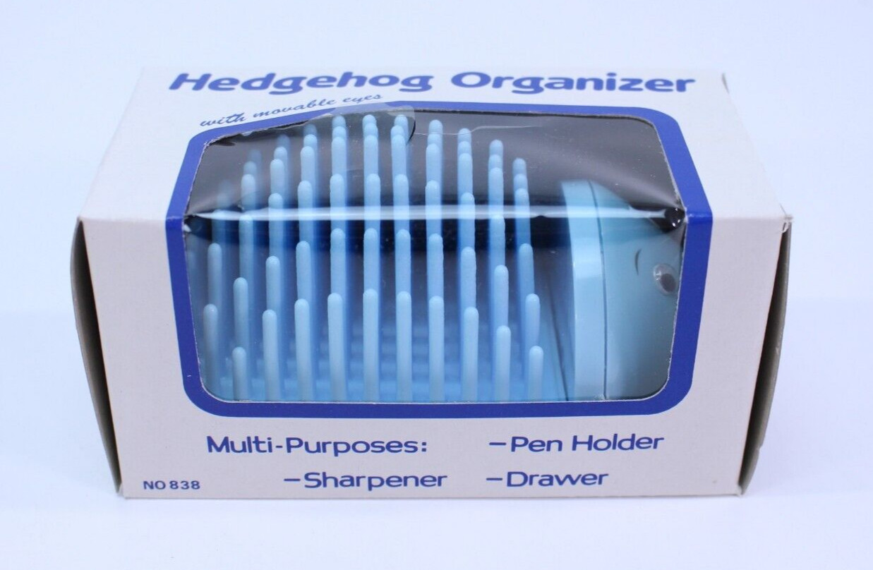 VTG Hedgehog Organizer Desk Pal Storage Pen Holder Pencil Sharpener New NOS BLUE