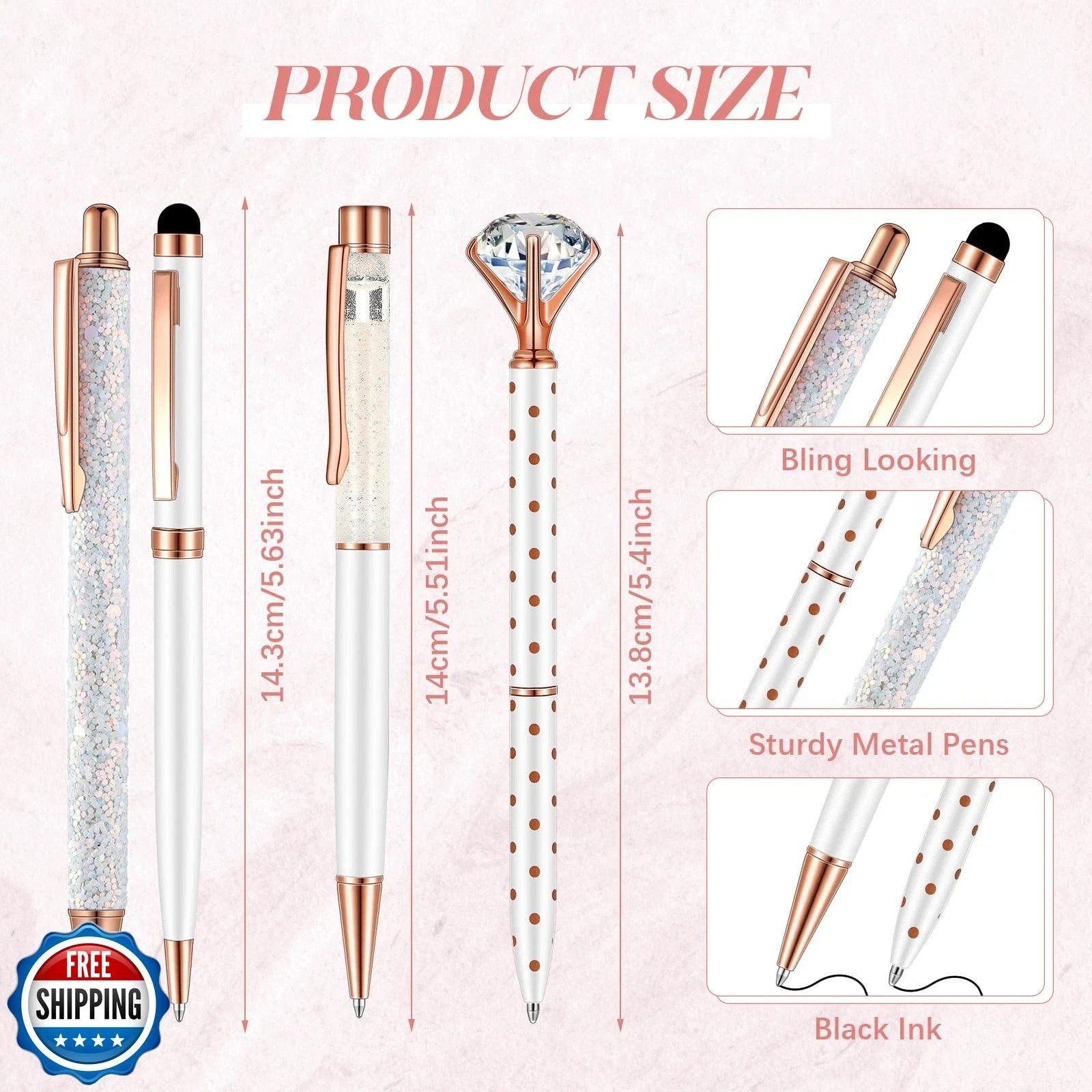 Sabary 8 Pcs White Pens with Pen Holder for Desk Glitter Crystal