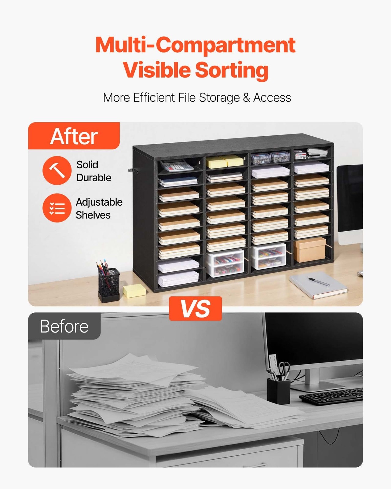 Wooden Mailbox Sorter 36 Compartments, Particle Board, Countertop File Organizer