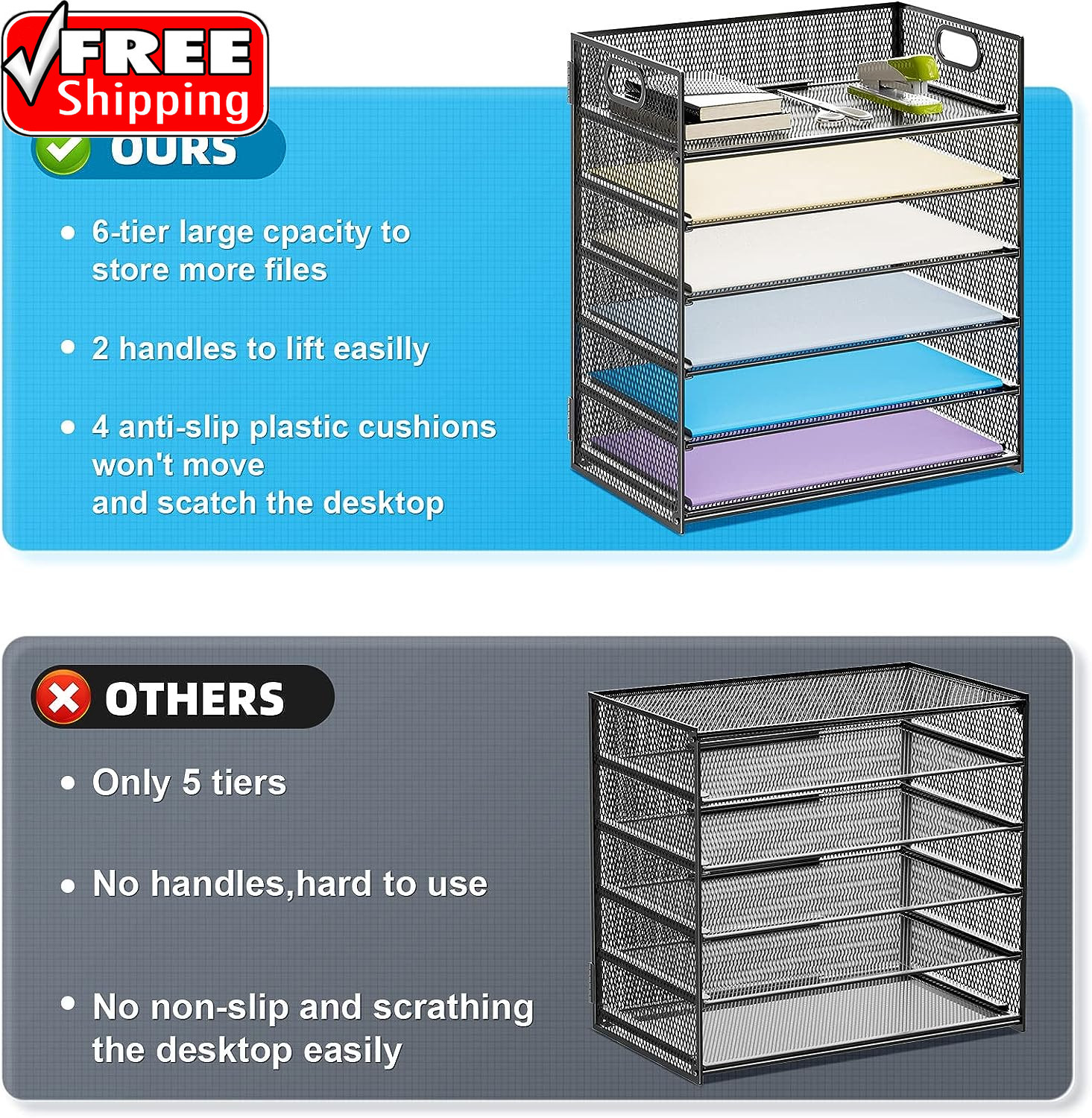 6 Tier Paper Organizer Letter Tray – Mesh Desk File Organizer with Handle, Paper