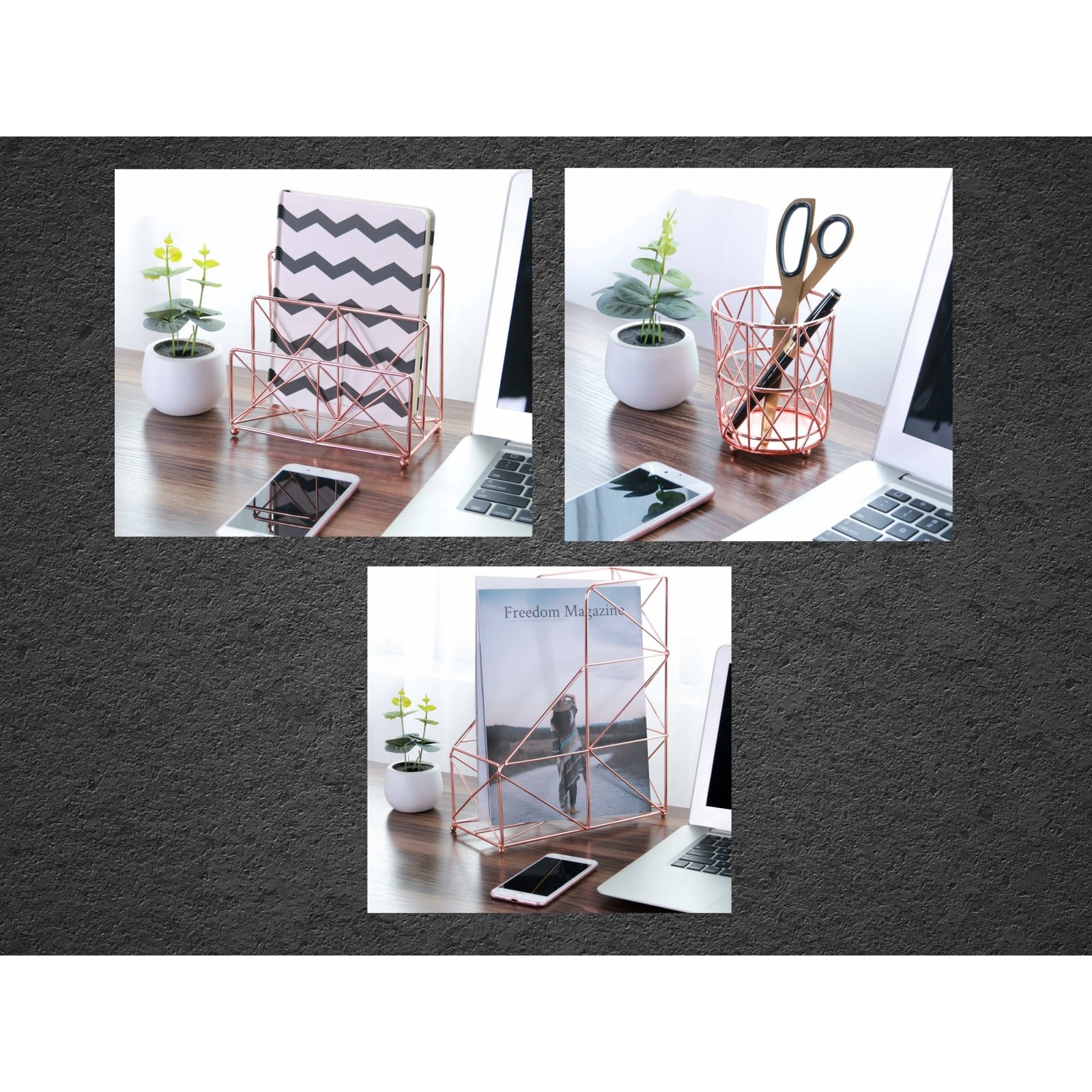 Simmer Stone Rose Gold Wire 3 in 1 Desk Organizer Set