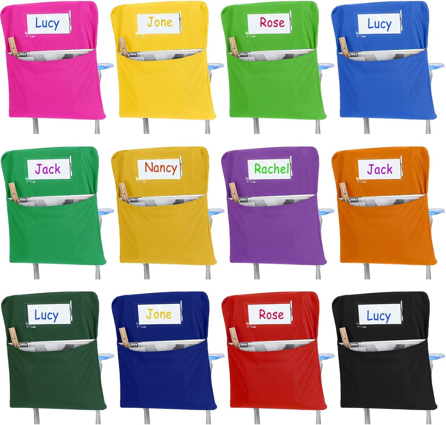 24 Pcs Classroom Chair Storage Pockets with Name Tags – Mixed Colors