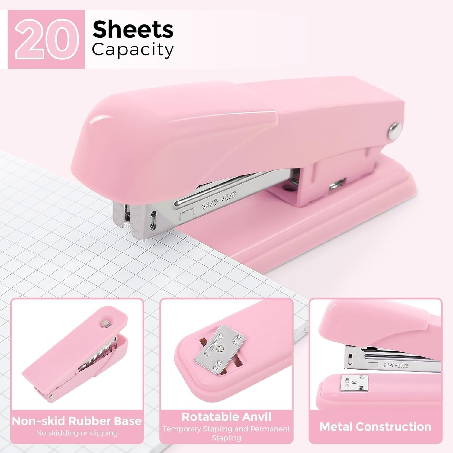 Versatile 10-Pc Pink Office Supplies: Stylish Rotating Holder, Stapler & More