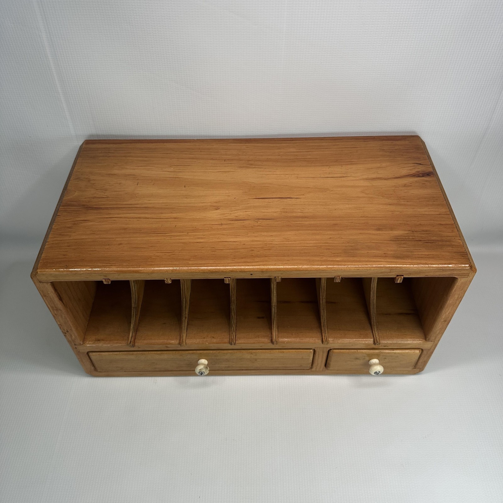 Handmade Wood Desktop Organizer Mail Sorter 6 Slot 2 Drawer Natural Wood Finish