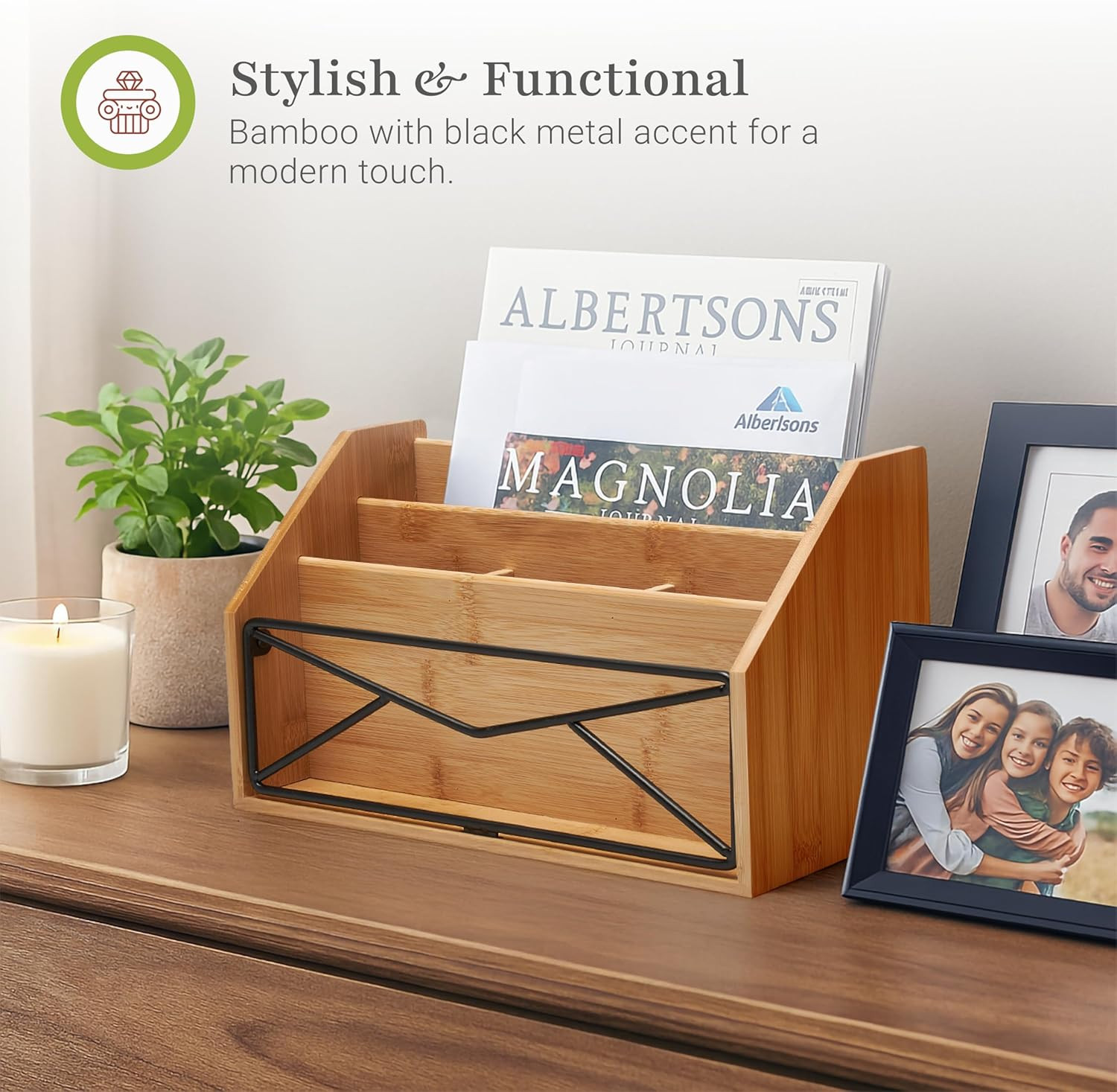 Bamboo Desk Organizer for Office and Home – Natural Bamboo Mail Organizer for Co