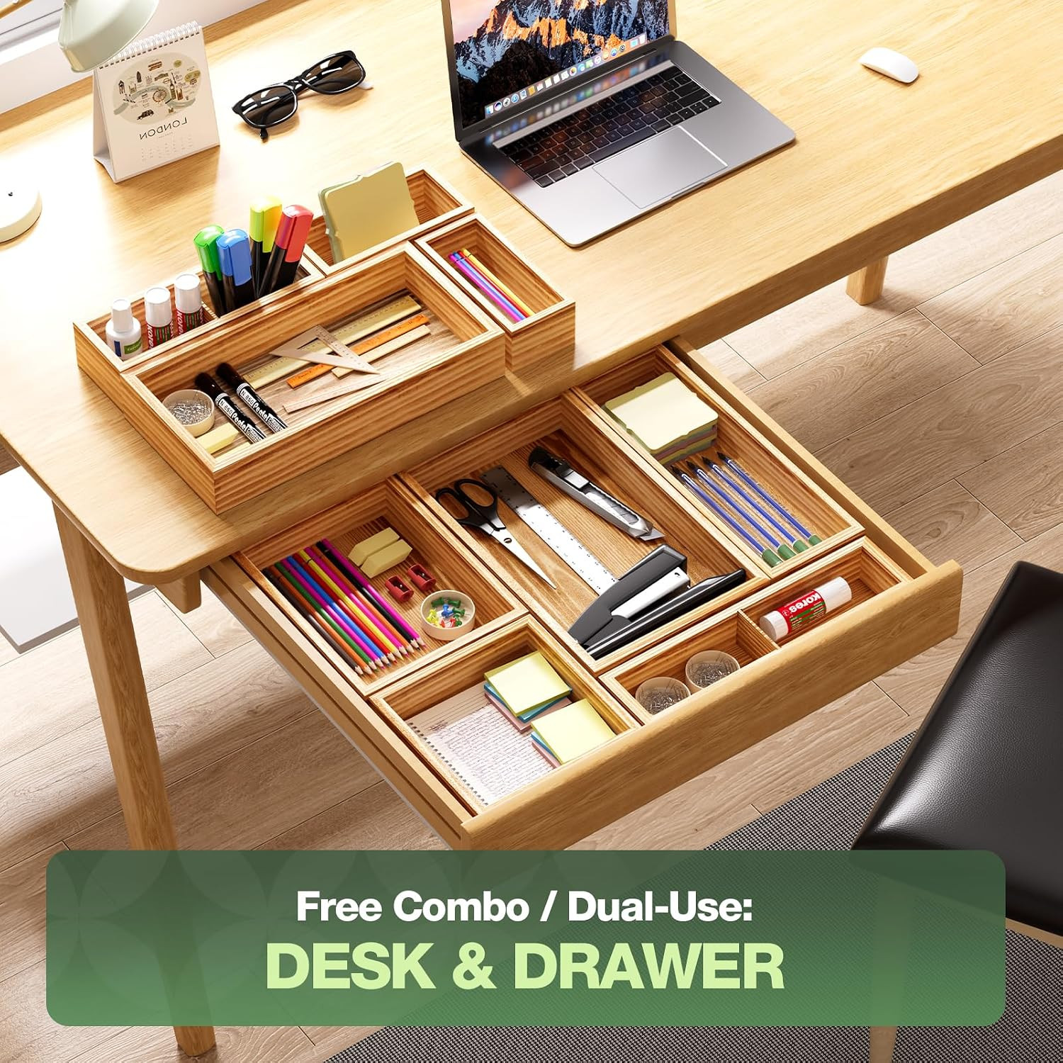 9-Pack Solid Wood Junk Drawer Organizer, Modular Desk Drawer Tray & Accessories