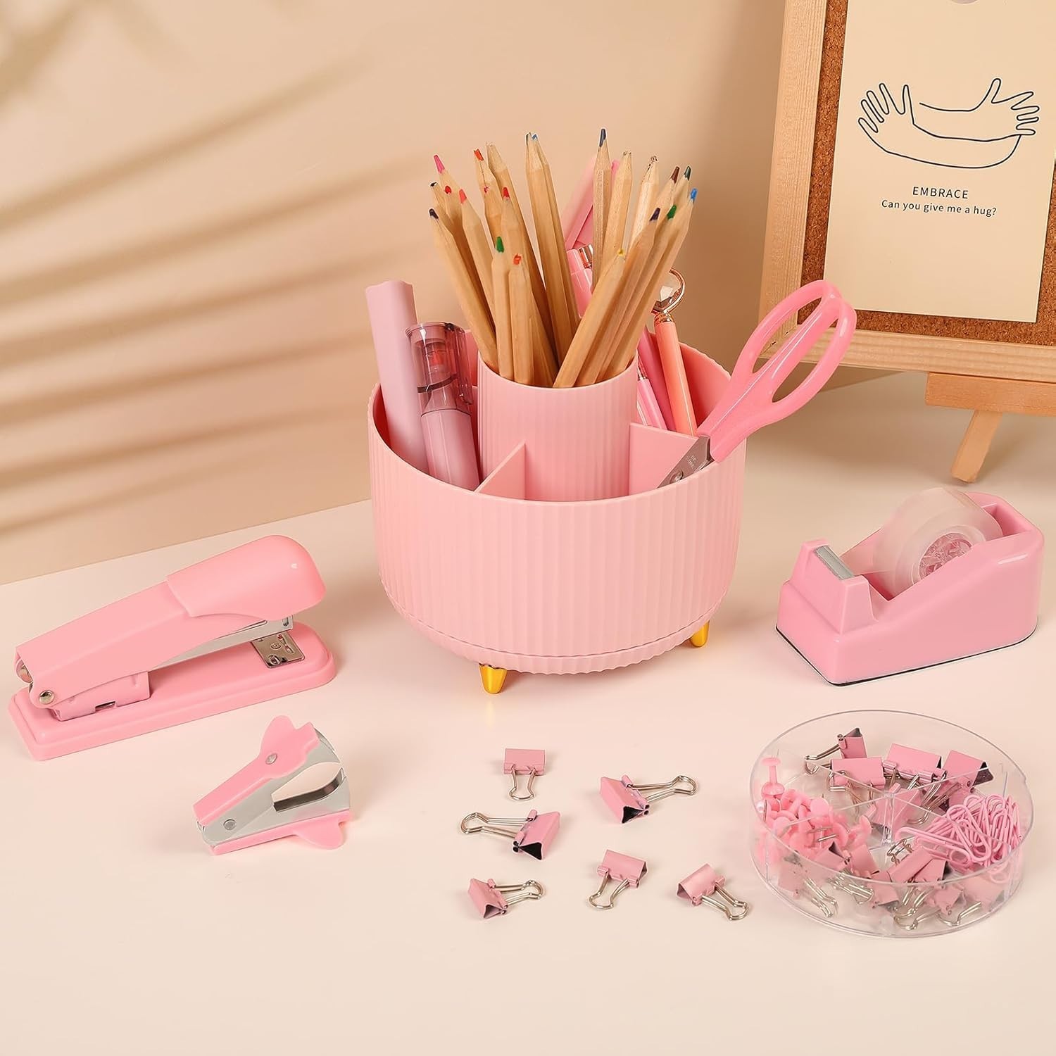 Versatile 10-Pc Pink Office Supplies: Stylish Rotating Holder, Stapler & More