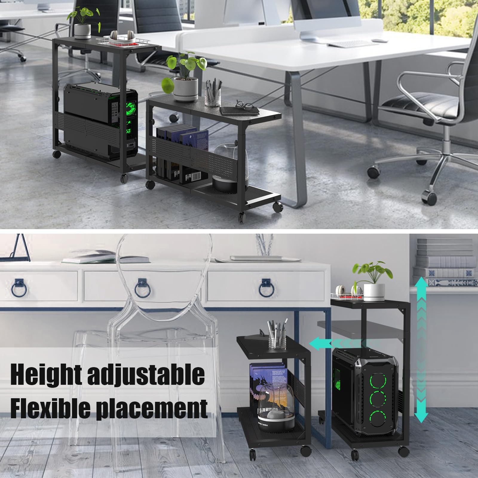 Moricher Computer Tower Stand – Height Adjustable 2-Tier 26×13×34 in, Black