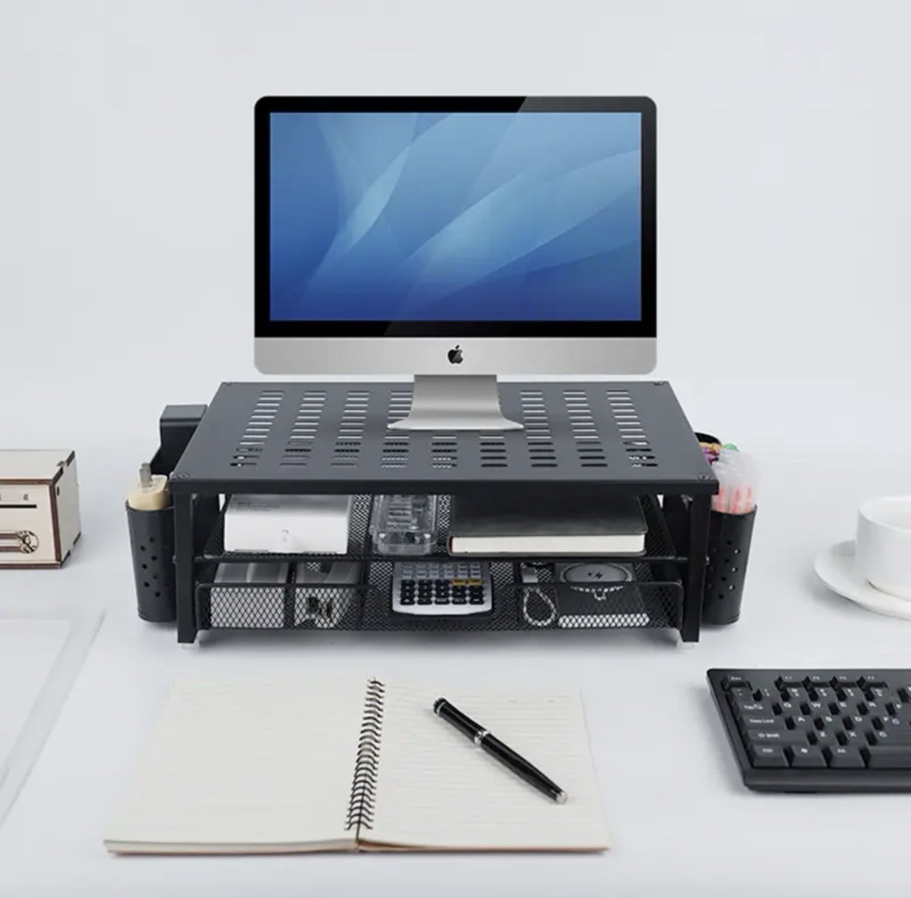 Metal Printer Stand with Storage Drawer & 2 Pen Holders – 2-Tier All-in-One Desk