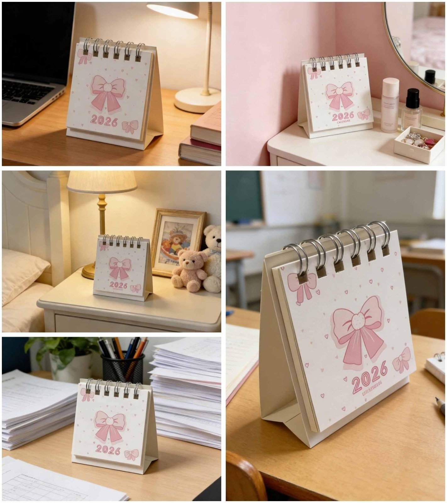 Pink Small Desk Calendar 2026 Standing Flip, Mini Cute Small, And White