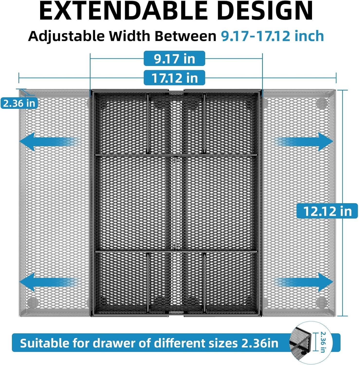 Expandable Desk Drawer Organizer, Mesh Drawer Organizer Tray with 10 Adjustable