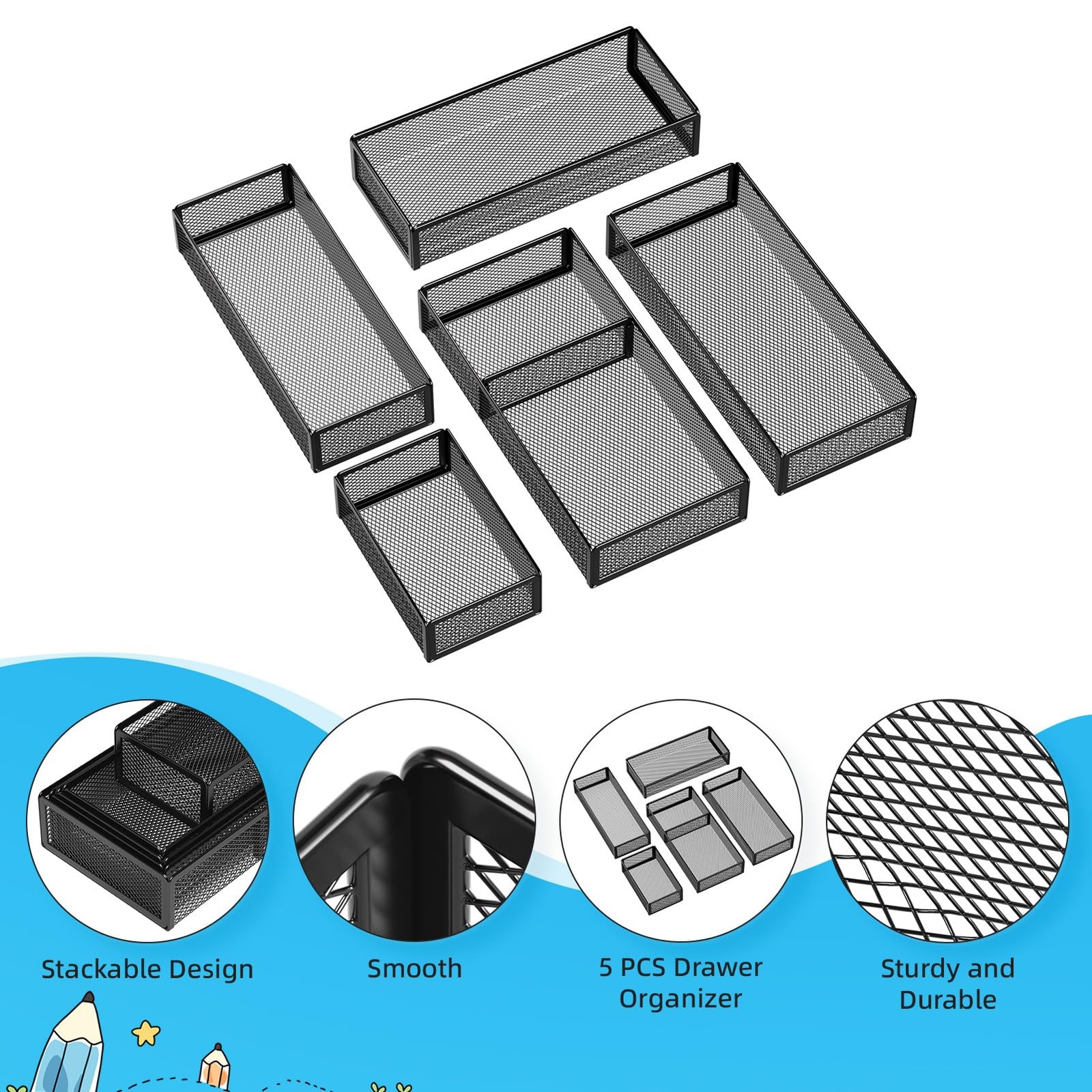 5 Pack Desk Drawer Organizer Set, Mesh Drawer Storage Trays with 1 Adjustable…