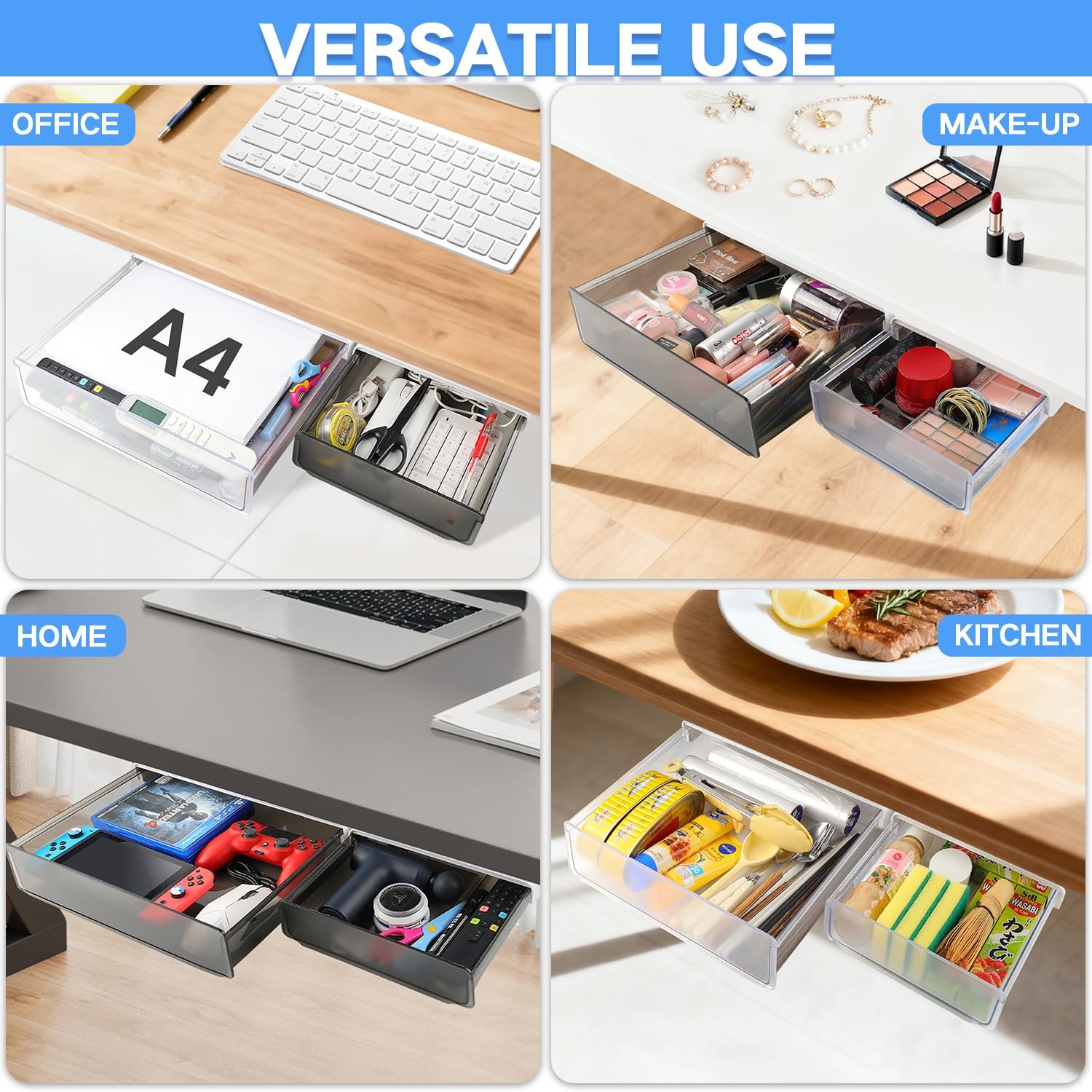 Self-adhesive Under Desk Drawer Organizer, 2 Pack Table Hidden Slide Out Larg…