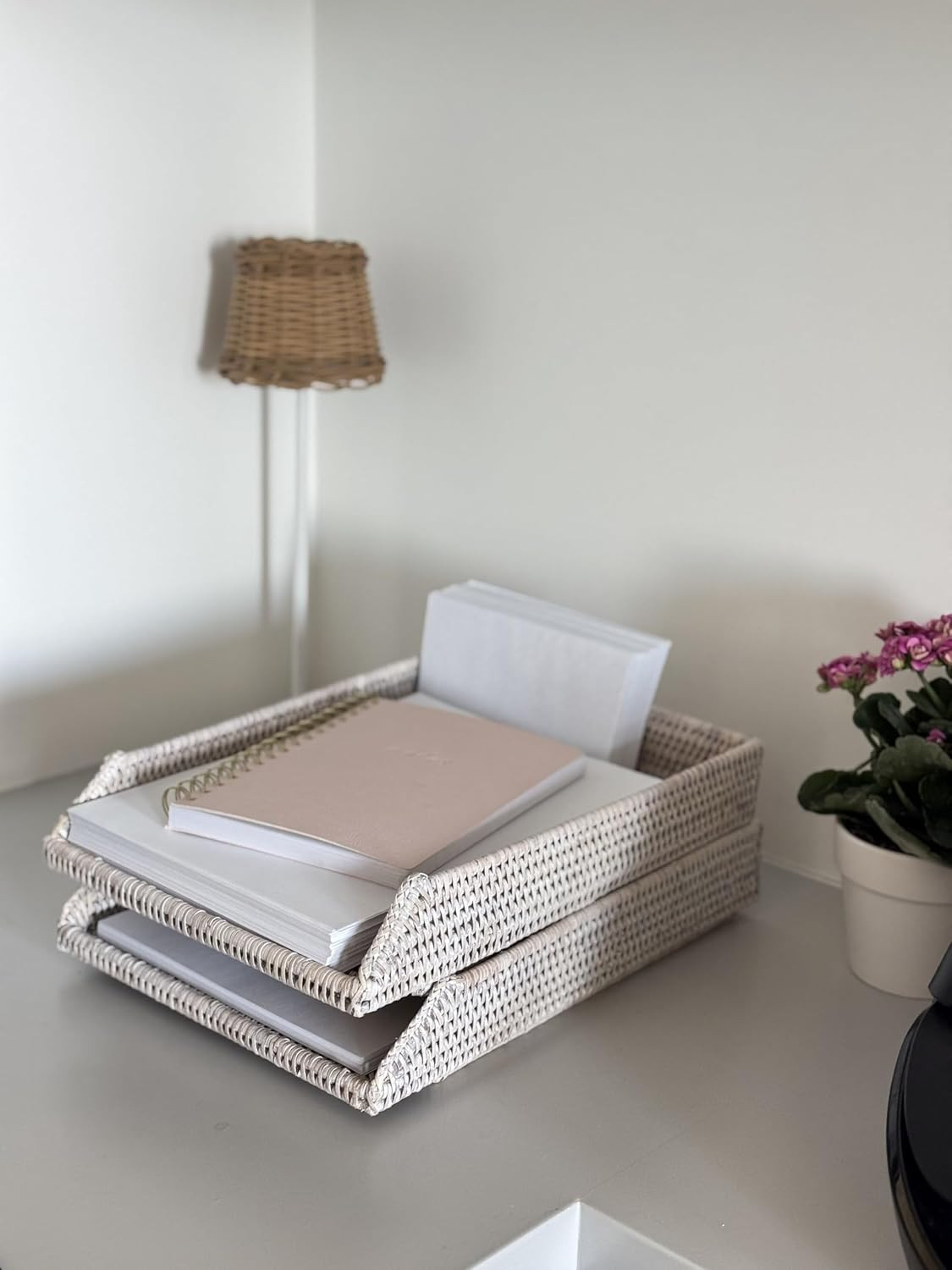 La Jolla Rattan Stackable Letter Tray – Stylish Paper Organizer in White Wash