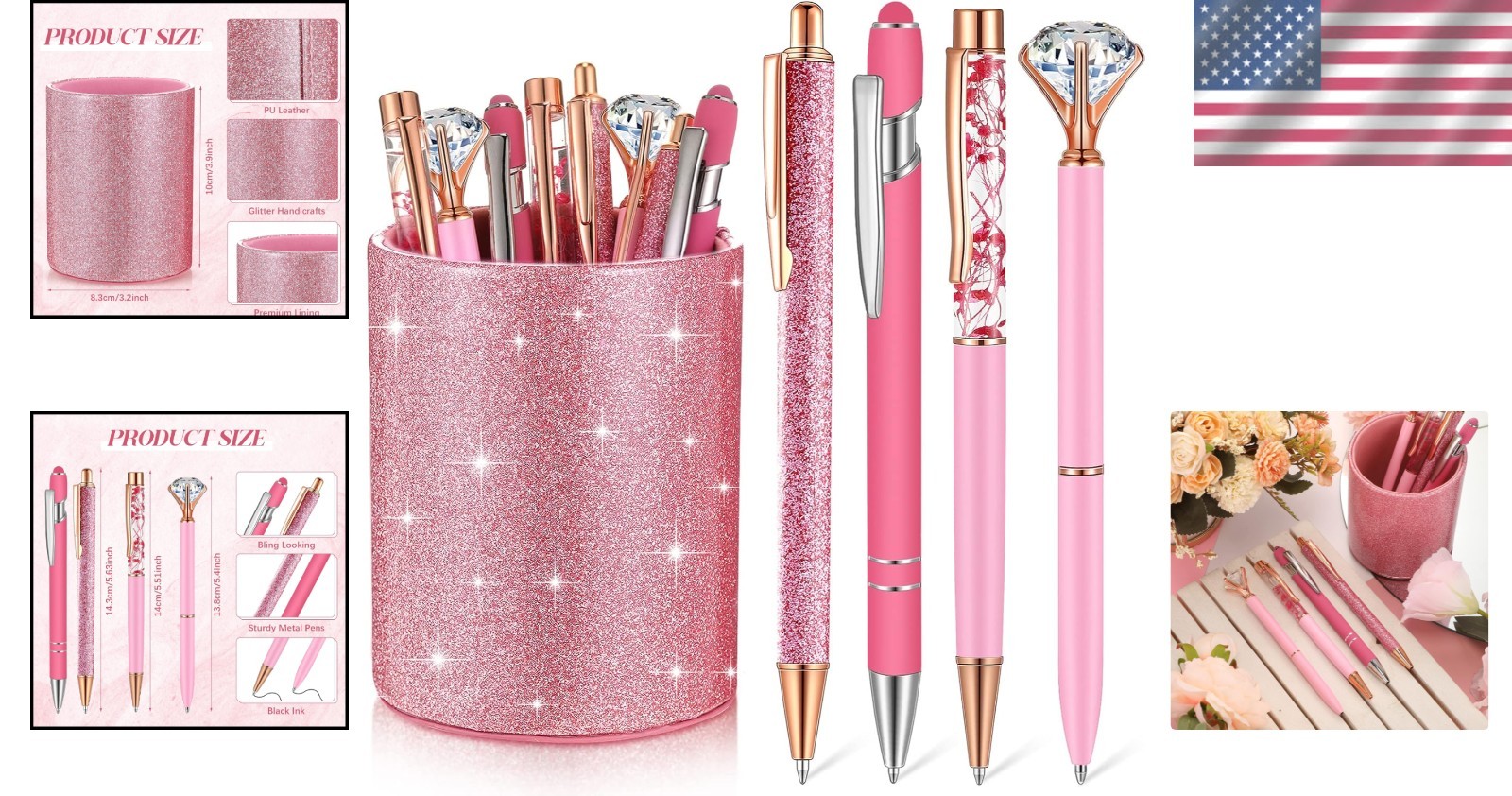 Chic Pink Pen Organizer with 8 Bling Ballpoint Pens – Ideal for School & Office