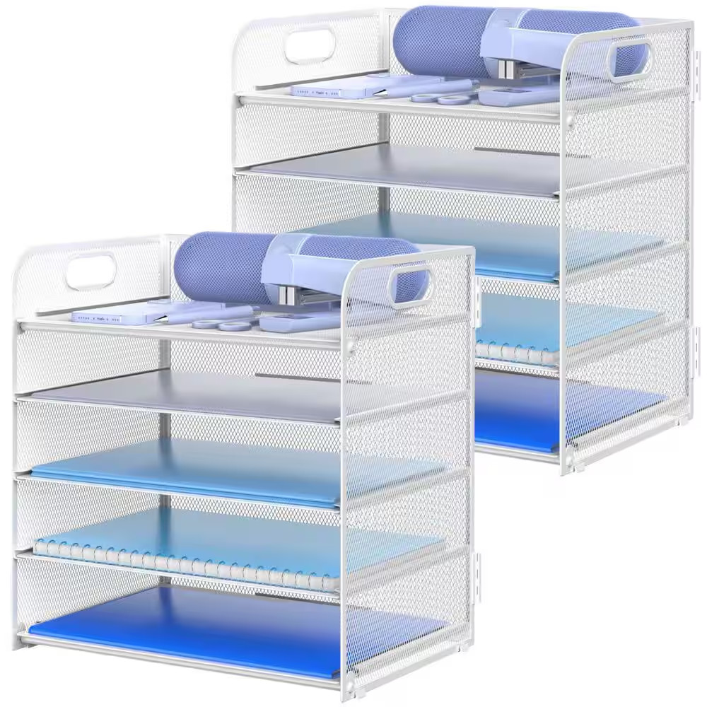 12.5 in X 13.5 in 2 Pack White Metal Letter Tray 5-Tier Desk Organizer File Pape