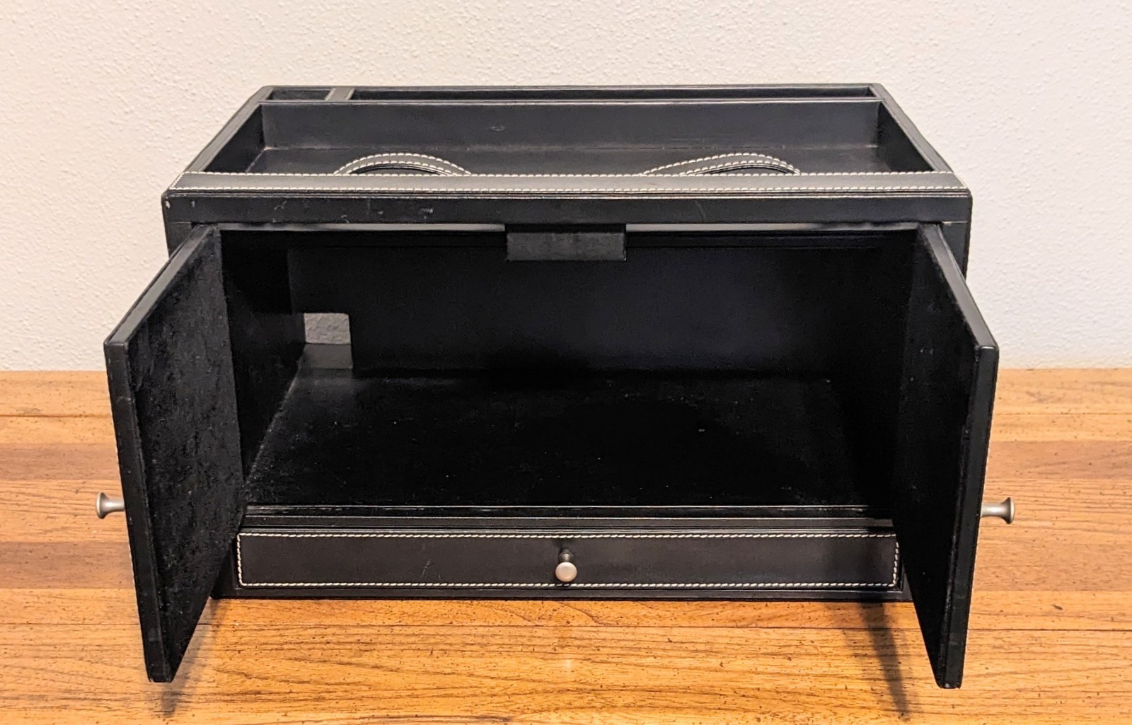 Levenger Leather Desk Organizer Valet Black Double Door Storage Tray Drawer