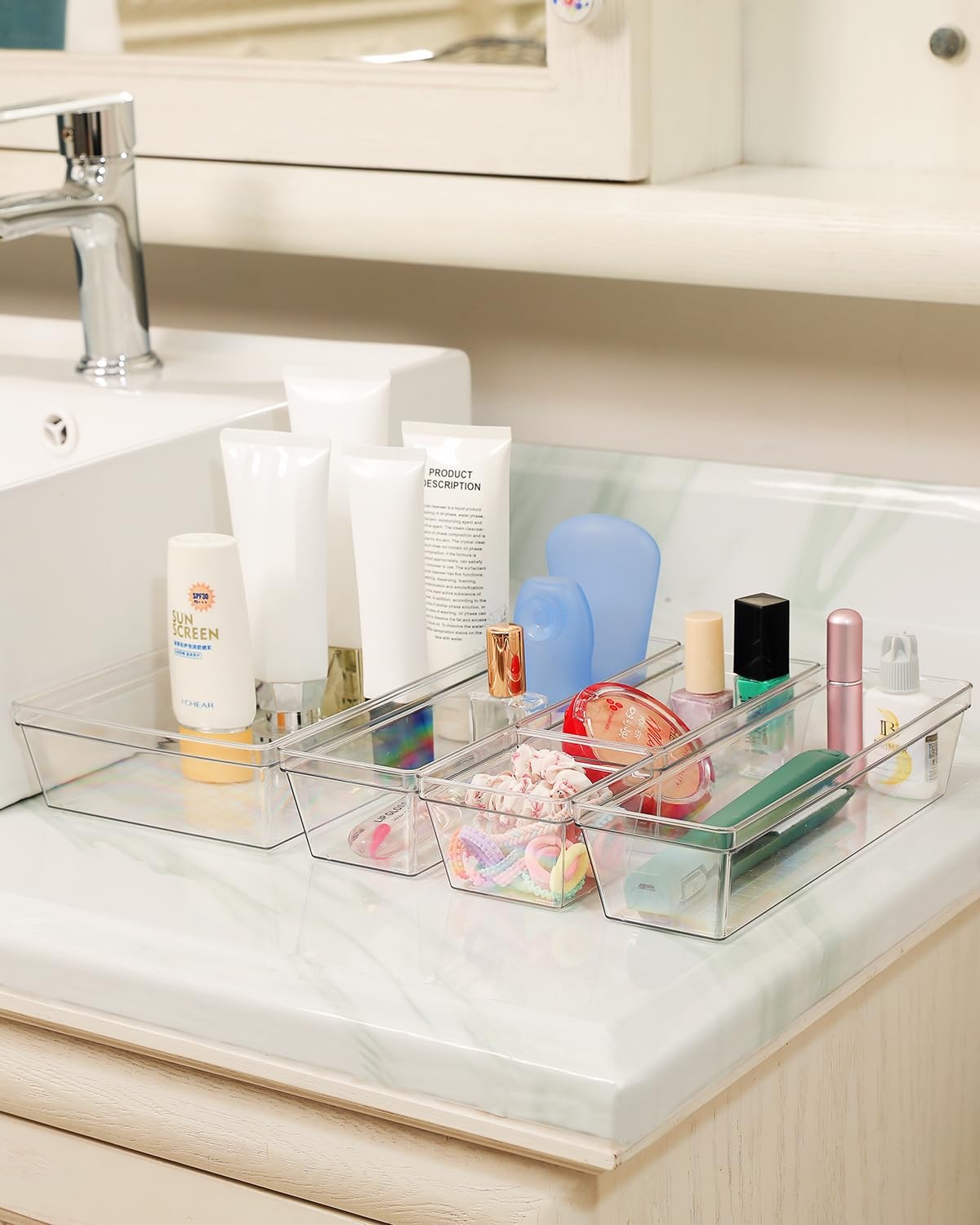 Sodynee Clear Plastic Drawer Organizer Storage – 25Pcs 4 Size Desk Bathroom