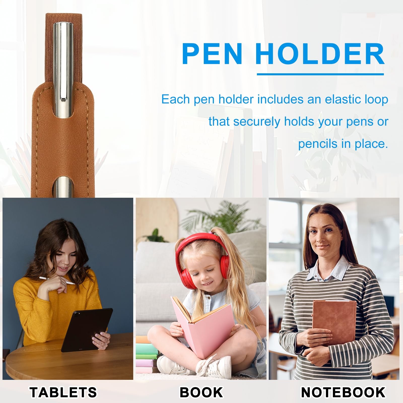 2 Pcs Adjustable Pen Loop Holder for Notebook, PU Leather Pen Holder Pencil S…