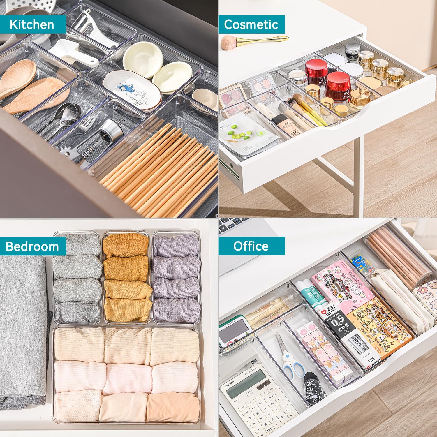 6 Pack Plastic Drawer Organizers Set,3-Size Kitchen and Office Desk Drawer Or…