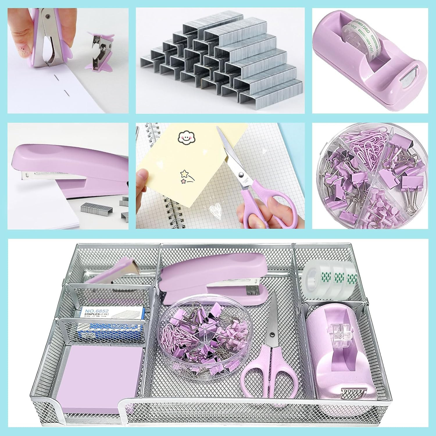 Purple Office Desk Accessories,Purple Office Supplies Set,Stapler and Tape Dispe