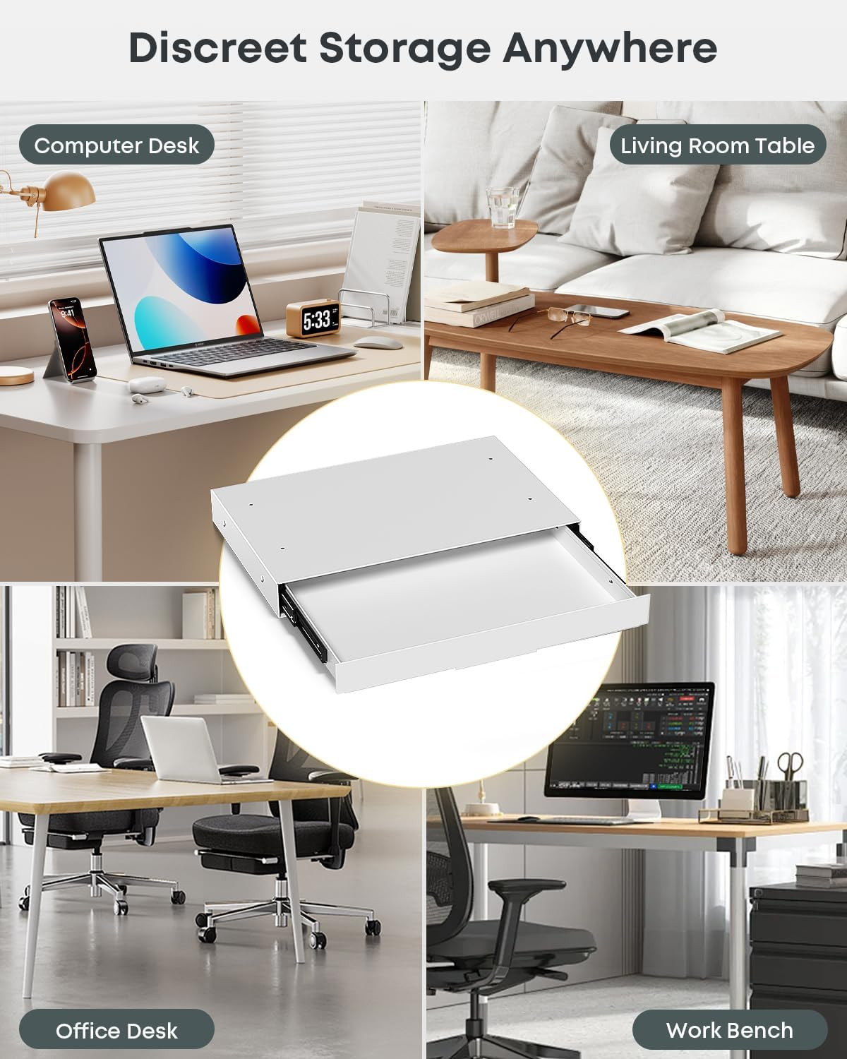 Under Desk Storage Drawer, 14.8″ Wide Slide Out under Desk Drawer for Standing D
