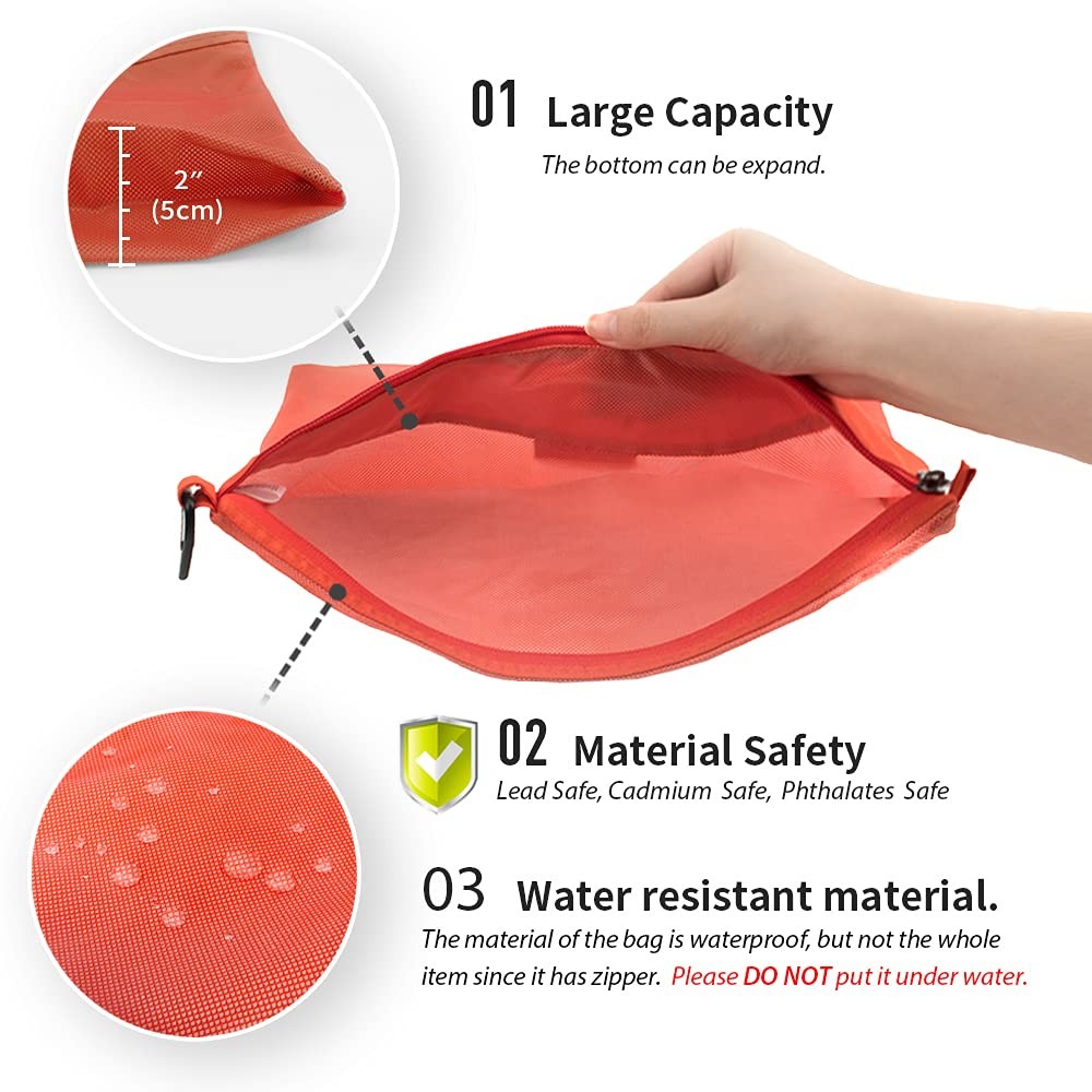 Zipper Pouch Set Mesh Bags Water Resistant Orange 3 PCS Storage Travel Office