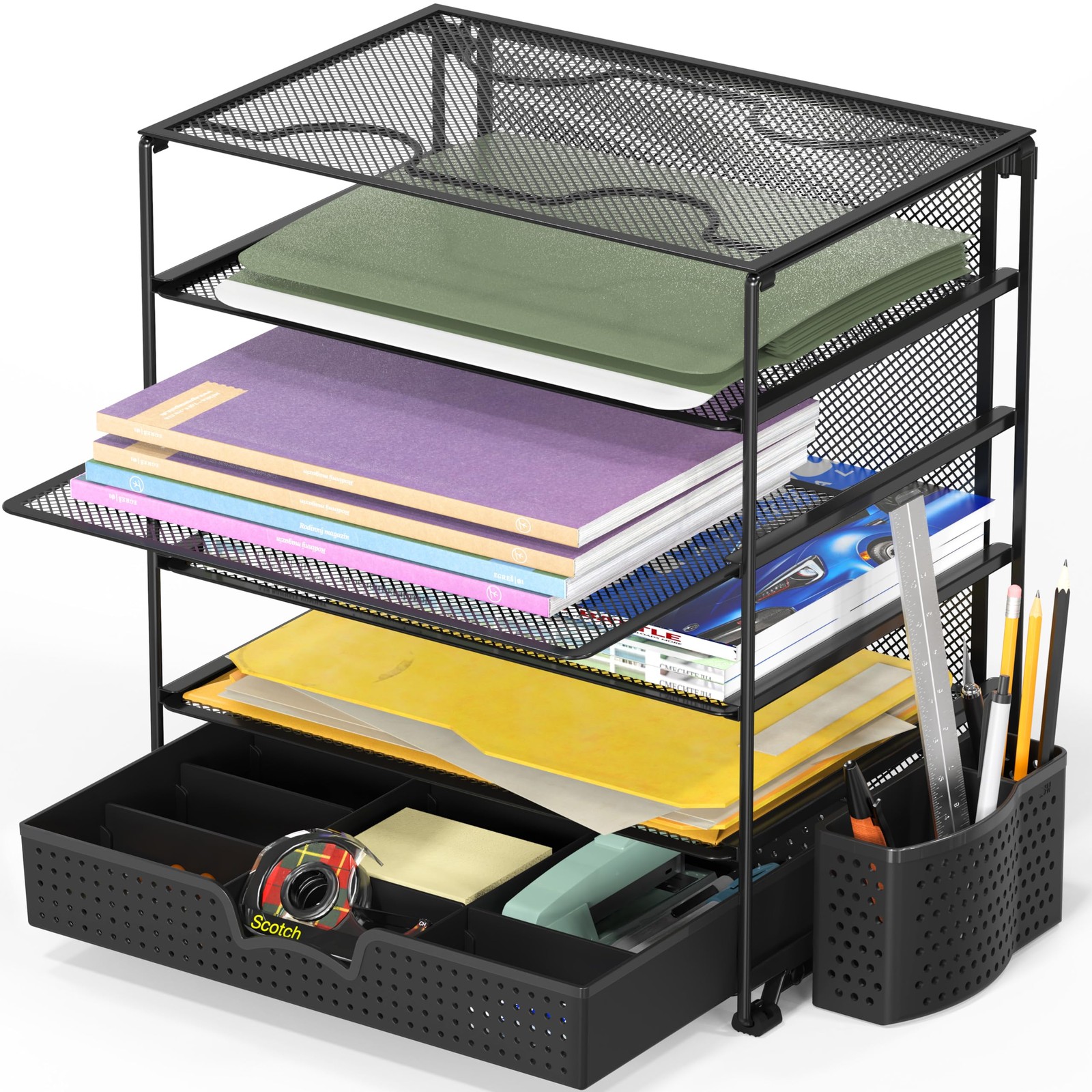 5-Tier Document File Tray with Sliding Drawer and Pen Bucket, Black