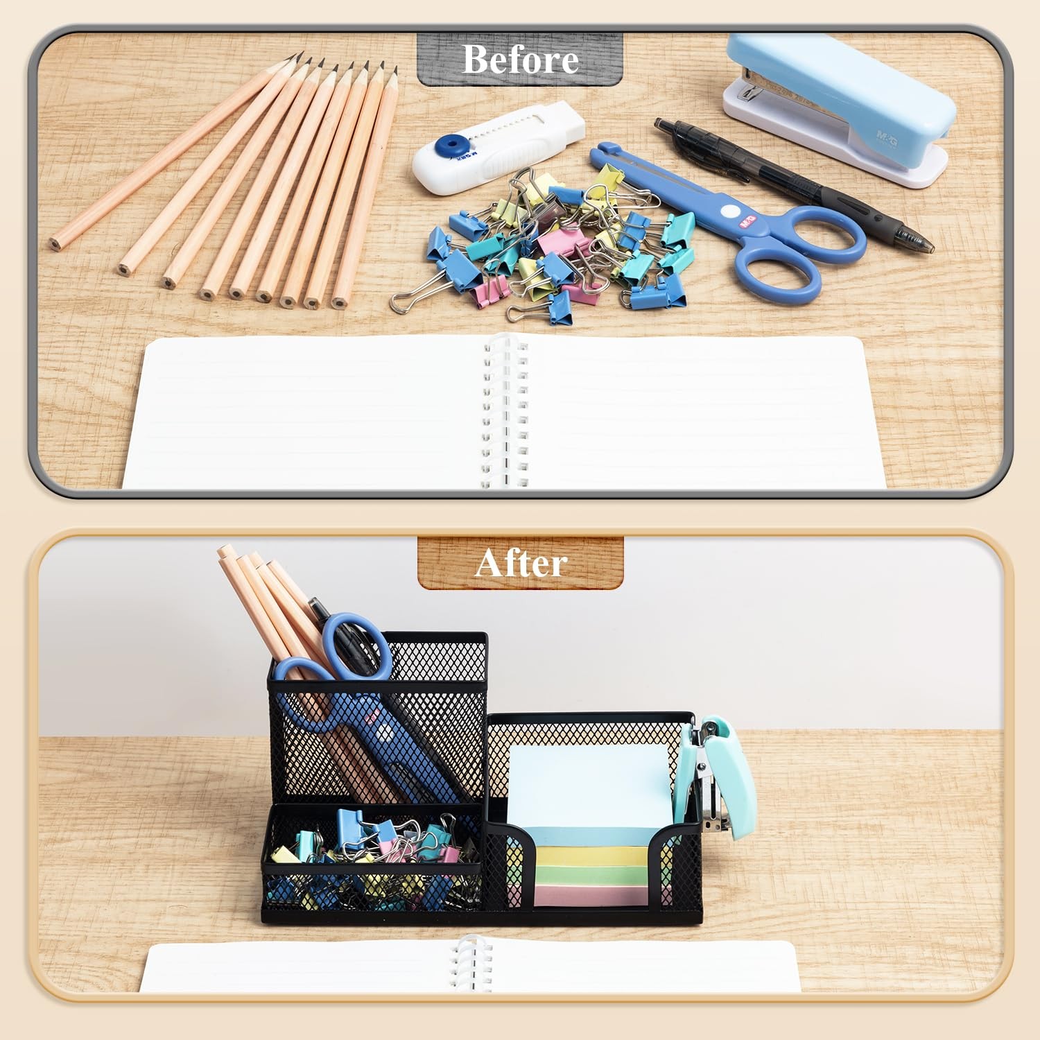 Desk Organizer With Sticky Notes Holder, Metal Mesh Pen Cup Black
