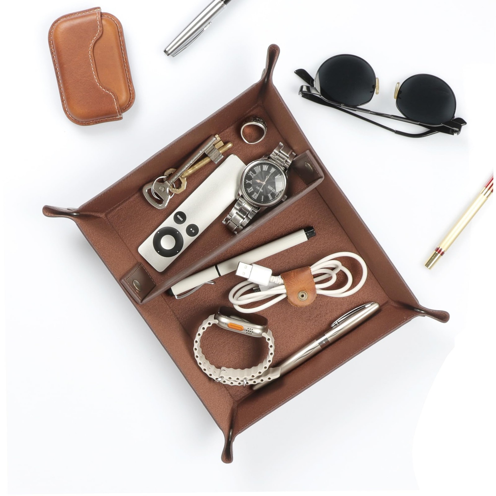 PU Vegan Leather Valet Tray 9.45 X 7.87 in for Keys, Wallet, Watch – EDC