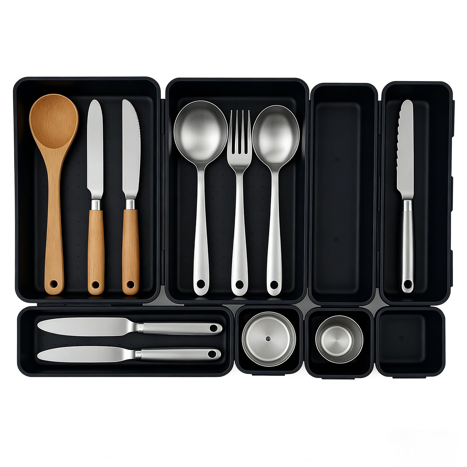 U-KIME 8-Piece Interlocking Drawer Organizer Trays, Black Plastic