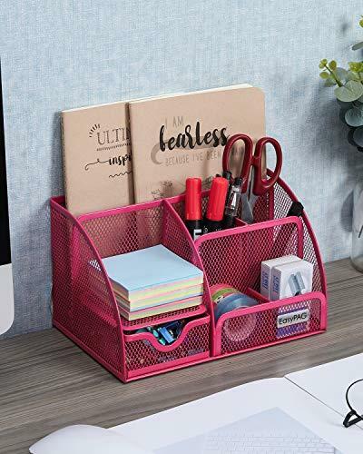 EasyPAG Mesh Office Desk Organizer 6 Compartments with Drawer,Pink