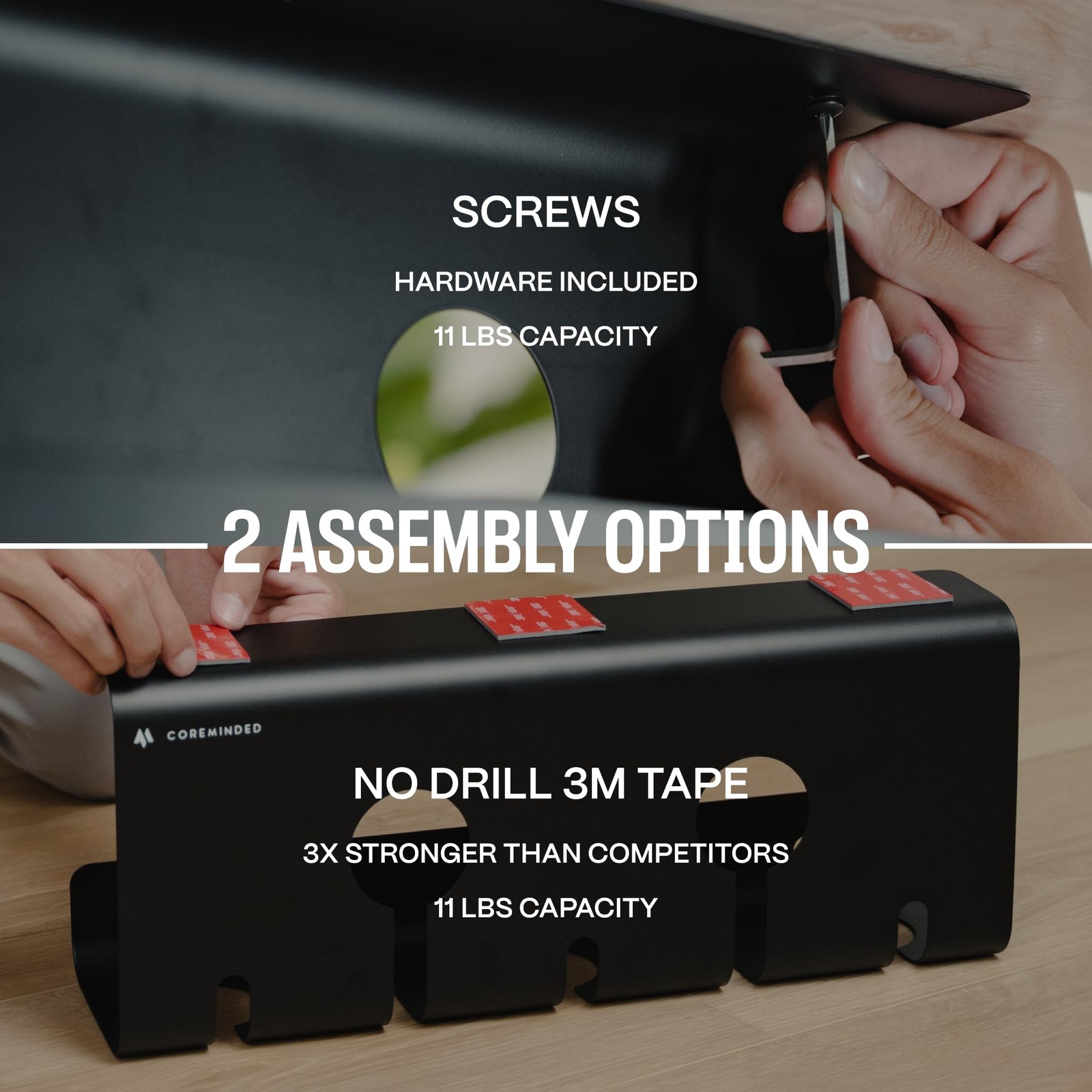 No-Drill Under Desk Cable Management Tray – 2-Pack Wire & Medium, Matte Black