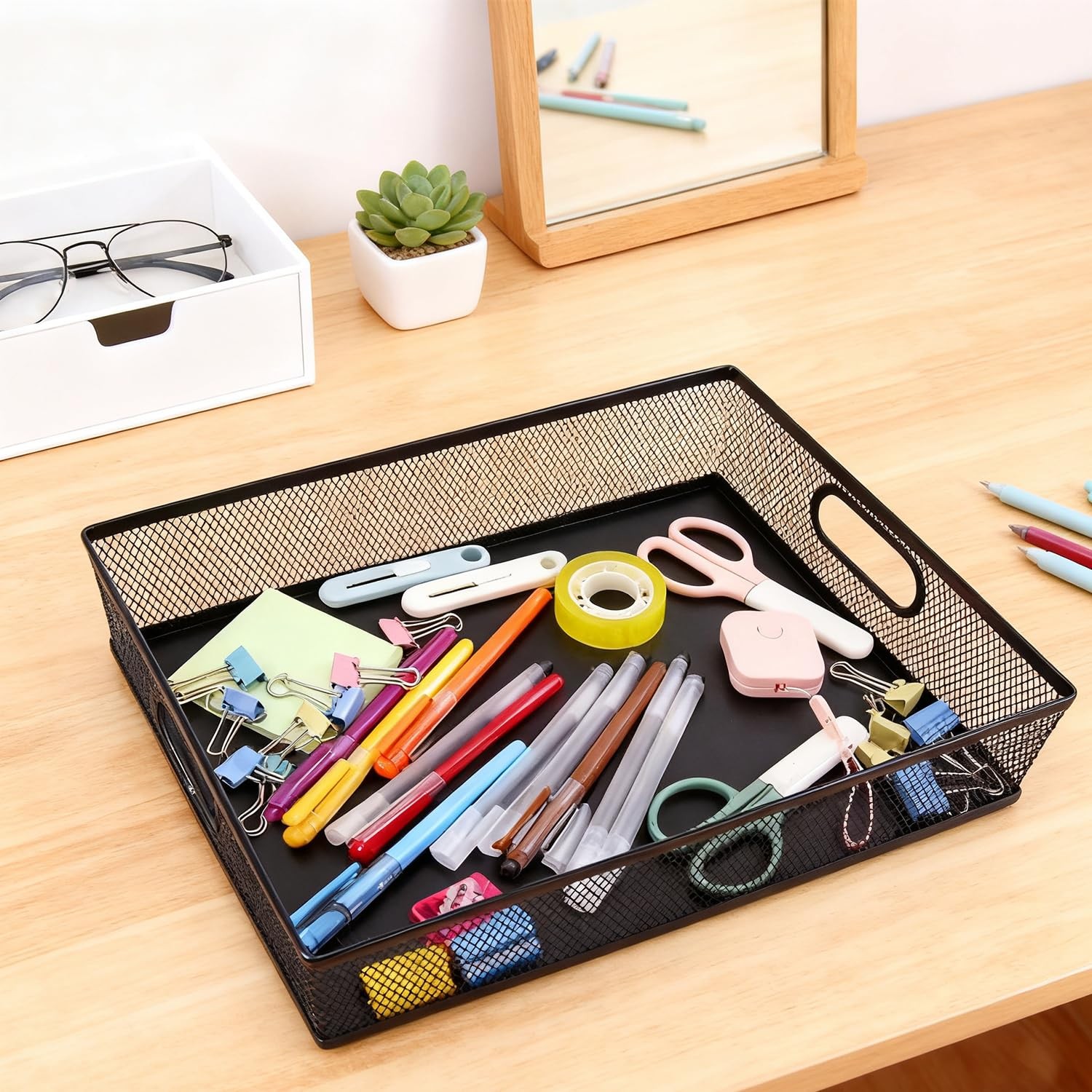 2 Pack Desk Drawer Organizer Tray Metal Mesh File Storage Basket Handle Black