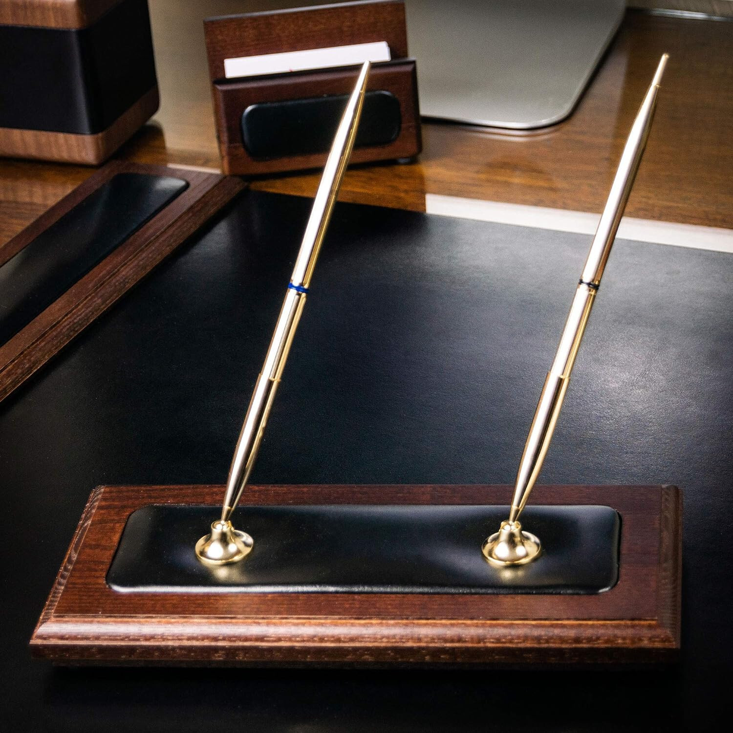 Dacasso Luxury Walnut & Black Leather Double Pen Stand with Rolling Ball Pen