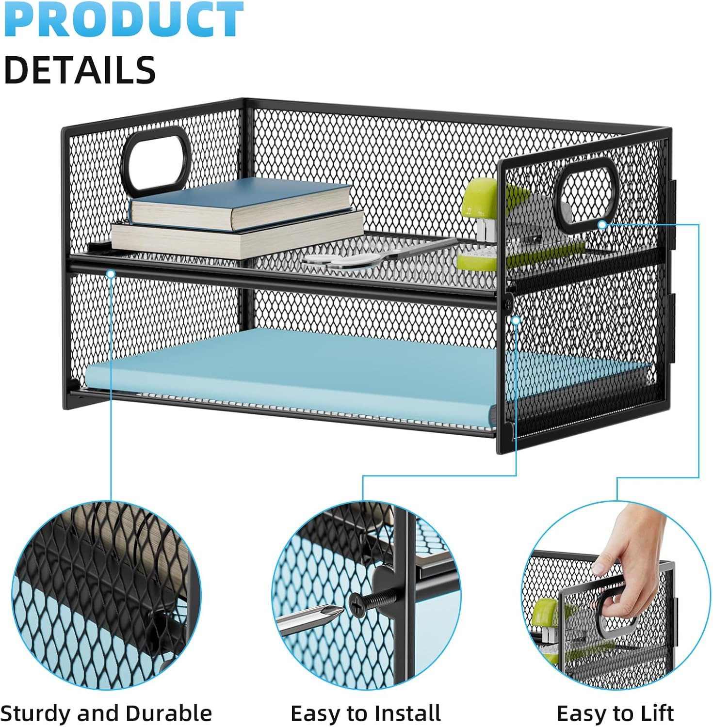 Marbrasse 2 Tier Paper Organizer Letter Tray, Mesh File Organizer with Handle, P