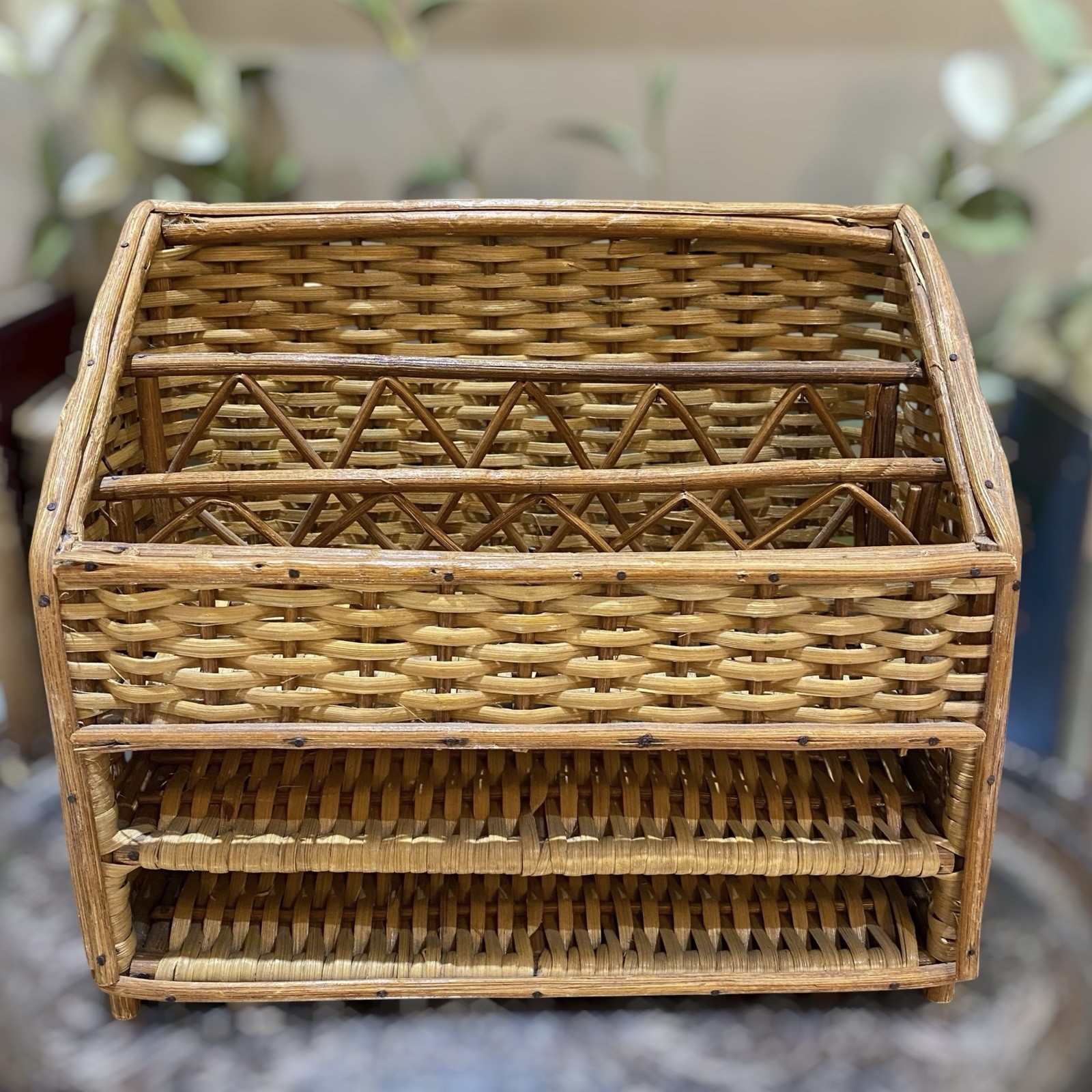 Vintage Woven Wicker Mail Letter Desk Organizer Footed Stand