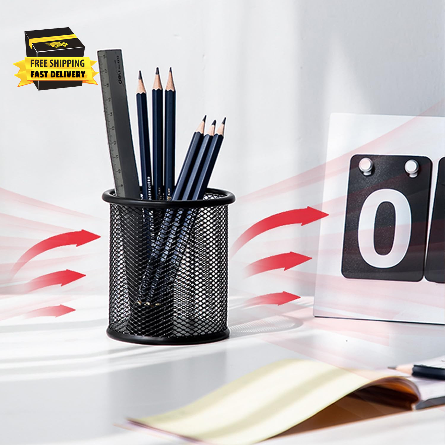 Pen Holder Pencil Organizer Mesh Cup Marker Tape Clip Scissors Container for Off