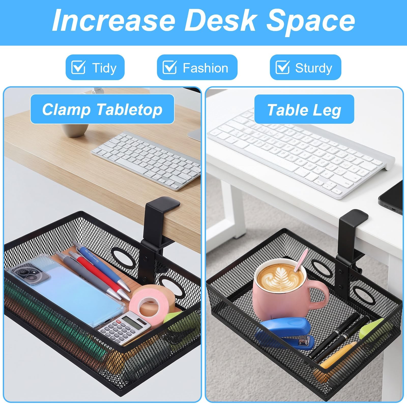 Under Desk Storage Organizer 360 Degree Rotating Under Drawer with Large Mesh…