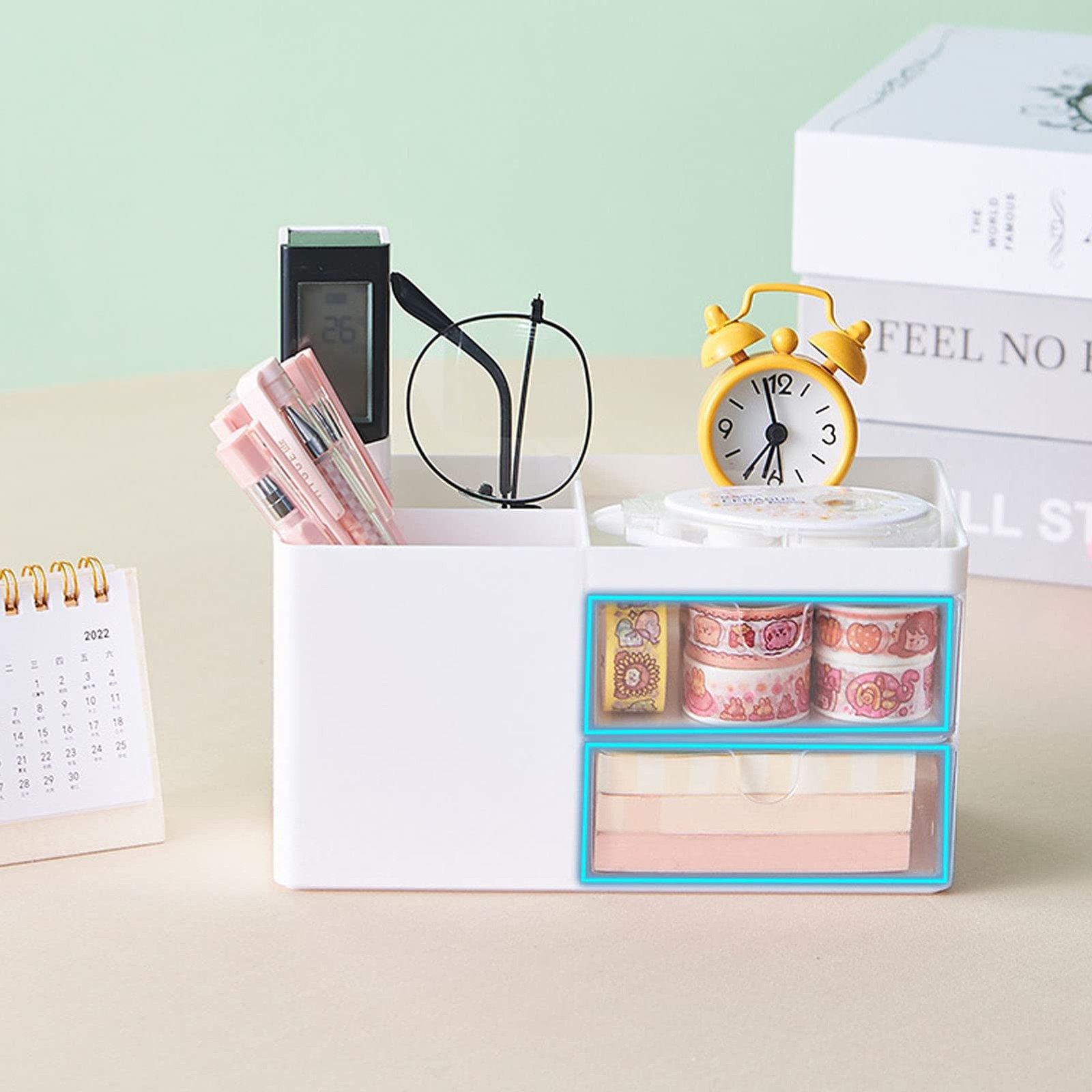 Zyners Small Desk Organizer with Pen Holder and Drawer, Plastic White