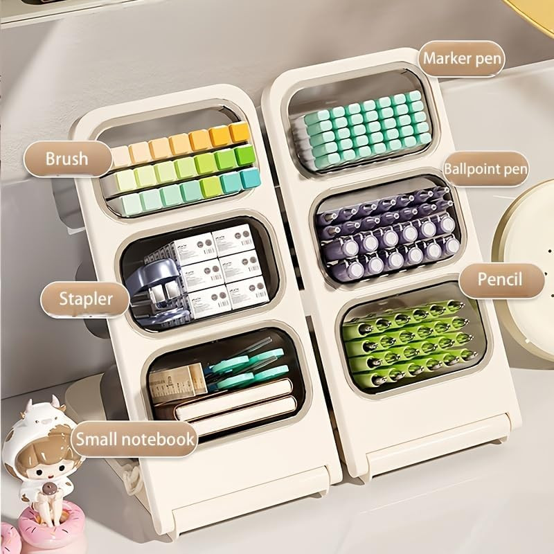Tilted Pen Holder with 3 Compartments, Pen Organizer for Desk, Desktop Storage B